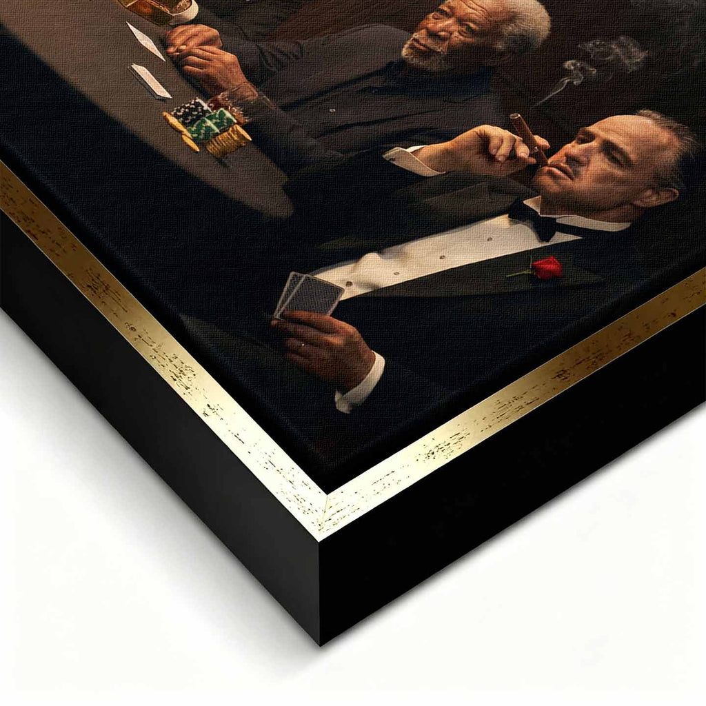 Obraz "Poker Deal" na płótnie przedstawiający sławne postacie grające w pokera: Donald Trump, Andrew Tate, Leonardo DiCaprio (Wilk z Wall Street), Al Pacino (Scarface), Morgan Freeman i Marlon Brando (Ojciec Chrzestny) przy stole pełnym złota i żetonów.