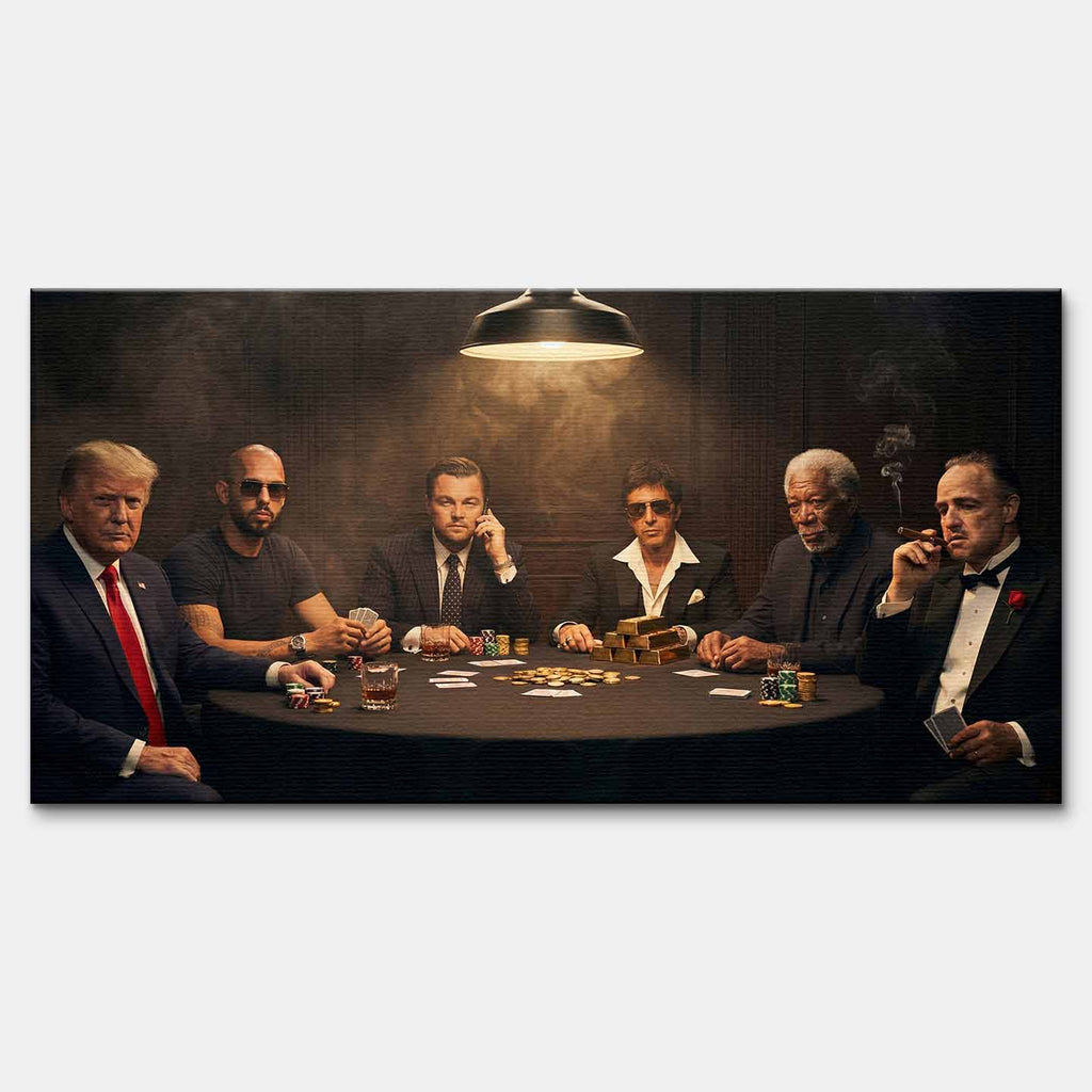 Obraz "Poker Deal" na płótnie przedstawiający sławne postacie grające w pokera: Donald Trump, Andrew Tate, Leonardo DiCaprio (Wilk z Wall Street), Al Pacino (Scarface), Morgan Freeman i Marlon Brando (Ojciec Chrzestny) przy stole pełnym złota i żetonów.