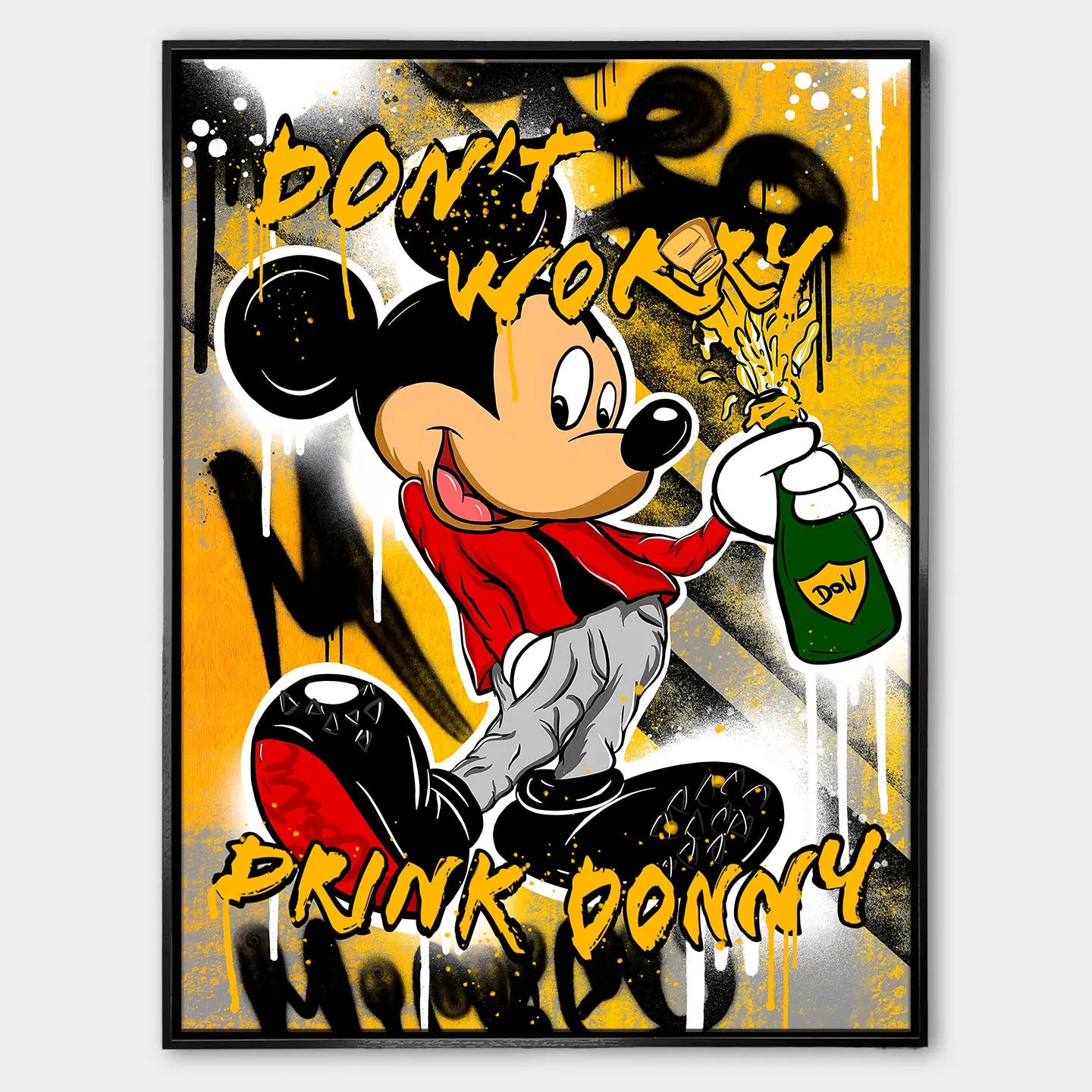 Obraz na płótnie „Drink Donny” w stylu pop-art, przedstawiający kreskówkową postać Myszka Miki z butelką szampana i napisem „Don’t worry, drink Donny” na żółtym tle.
