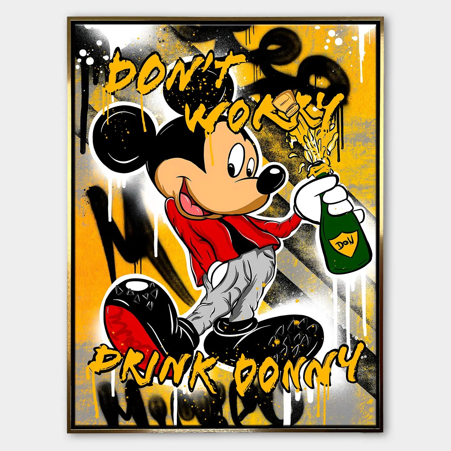 Obraz na płótnie „Drink Donny” w stylu pop-art, przedstawiający kreskówkową postać Myszka Miki z butelką szampana i napisem „Don’t worry, drink Donny” na żółtym tle.