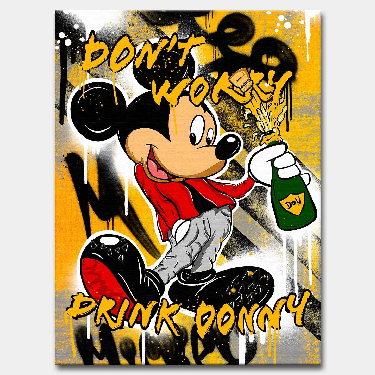 Obraz na płótnie „Drink Donny” w stylu pop-art, przedstawiający kreskówkową postać Myszka Miki z butelką szampana i napisem „Don’t worry, drink Donny” na żółtym tle.