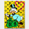 Obraz na płótnie z kaczym milionerem, workami pieniędzy i żółtym monogramowym tłem, kolorowy pop art, wydruk galeryjny.