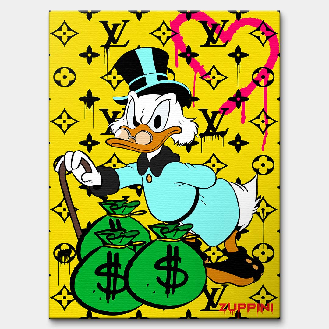 Obraz na płótnie z kaczym milionerem, workami pieniędzy i żółtym monogramowym tłem, kolorowy pop art, wydruk galeryjny.