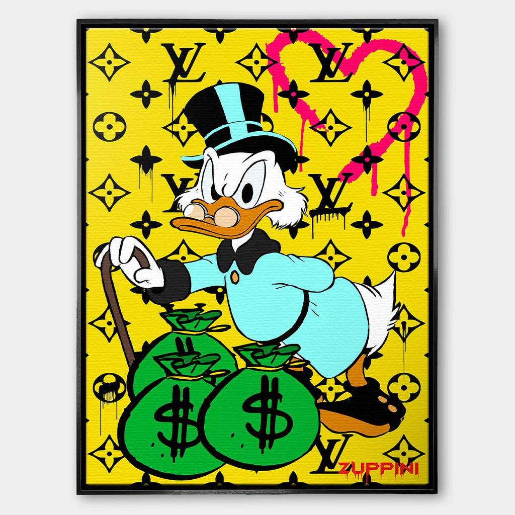 Obraz na płótnie z kaczym milionerem, workami pieniędzy i żółtym monogramowym tłem, kolorowy pop art, wydruk galeryjny.