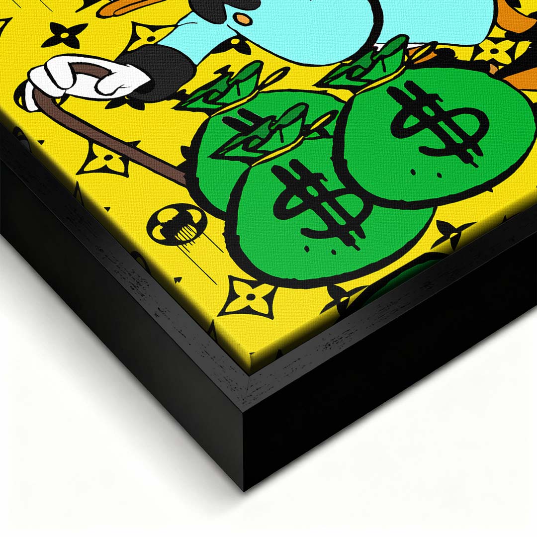 Obraz na płótnie z kaczym milionerem, workami pieniędzy i żółtym monogramowym tłem, kolorowy pop art, wydruk galeryjny.