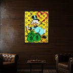 Obraz na płótnie z kaczym milionerem, workami pieniędzy i żółtym monogramowym tłem, kolorowy pop art, wydruk galeryjny.