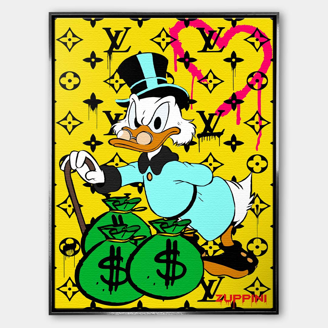 Obraz na płótnie z kaczym milionerem, workami pieniędzy i żółtym monogramowym tłem, kolorowy pop art, wydruk galeryjny.