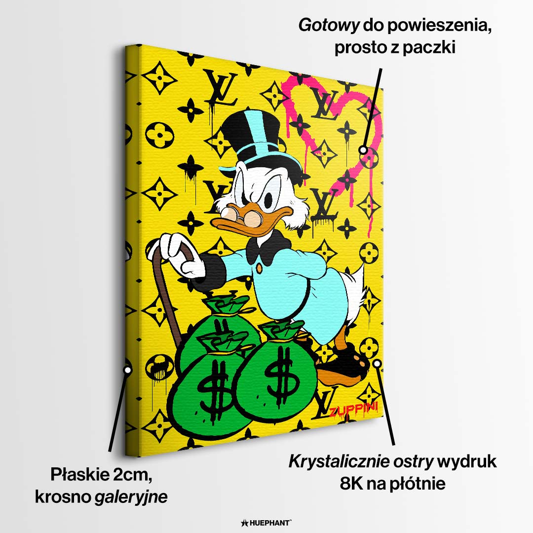Obraz na płótnie z kaczym milionerem, workami pieniędzy i żółtym monogramowym tłem, kolorowy pop art, wydruk galeryjny.