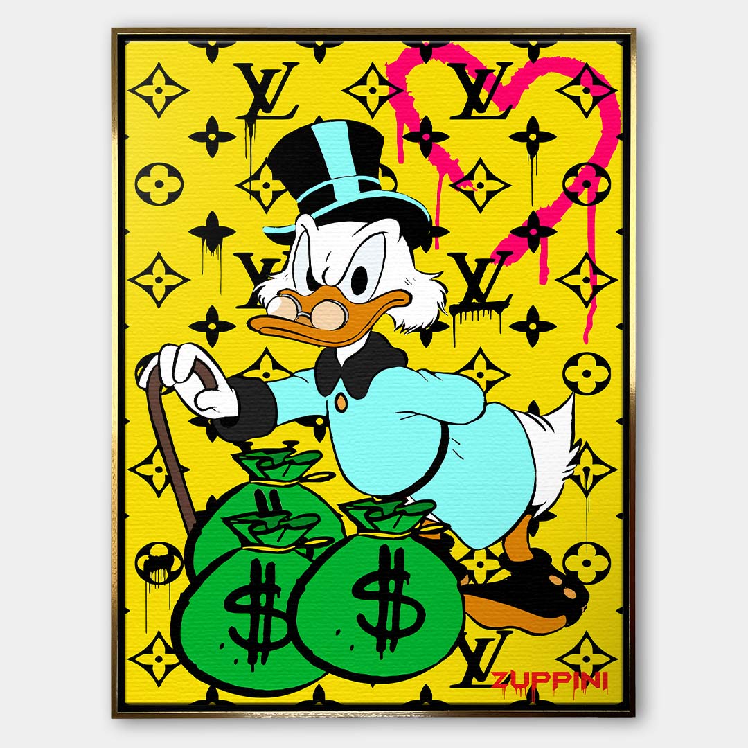 Obraz na płótnie z kaczym milionerem, workami pieniędzy i żółtym monogramowym tłem, kolorowy pop art, wydruk galeryjny.