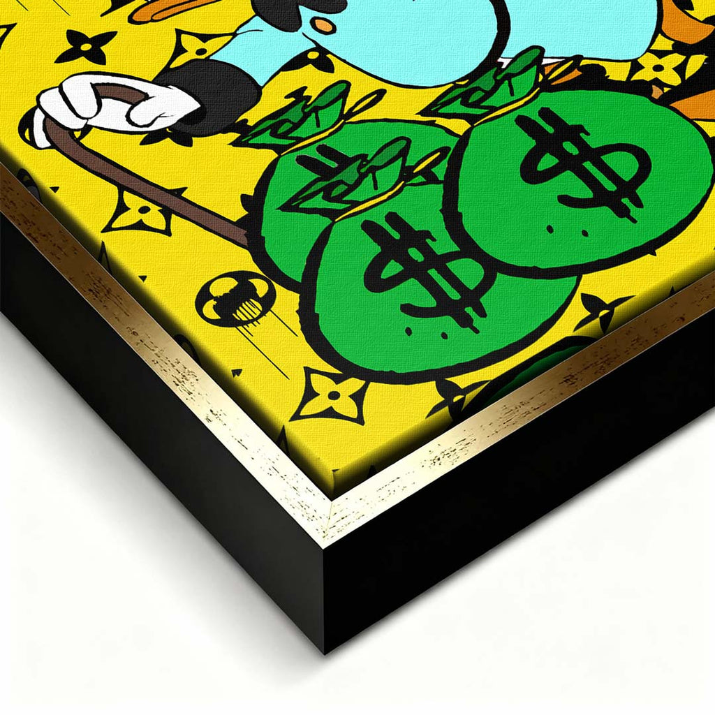 Obraz na płótnie z kaczym milionerem, workami pieniędzy i żółtym monogramowym tłem, kolorowy pop art, wydruk galeryjny.