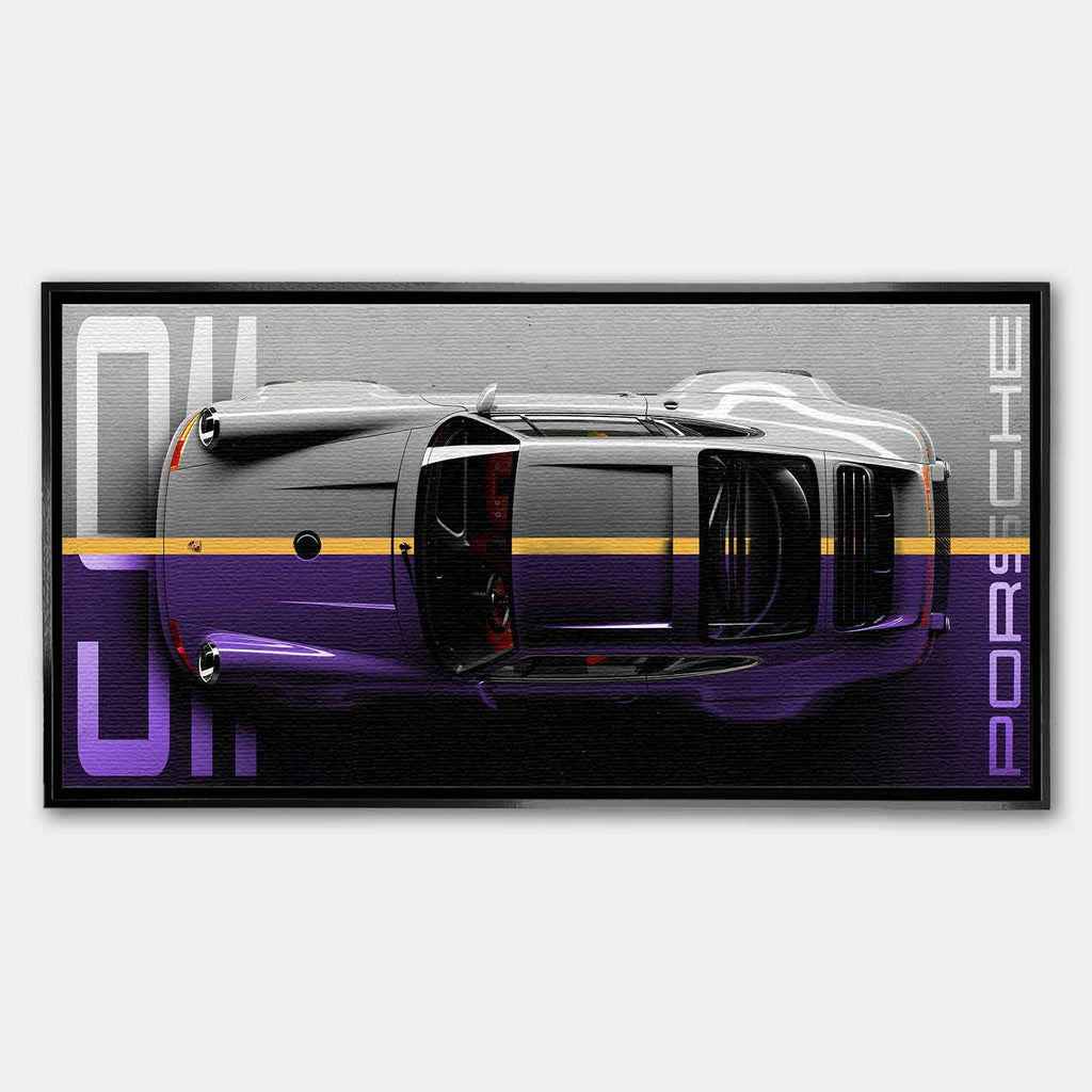 Obraz na płótnie Porsche 911 – widok z góry na kultowy samochód w odcieniach szarości i fioletu, symbol elegancji i motoryzacyjnej pasji.