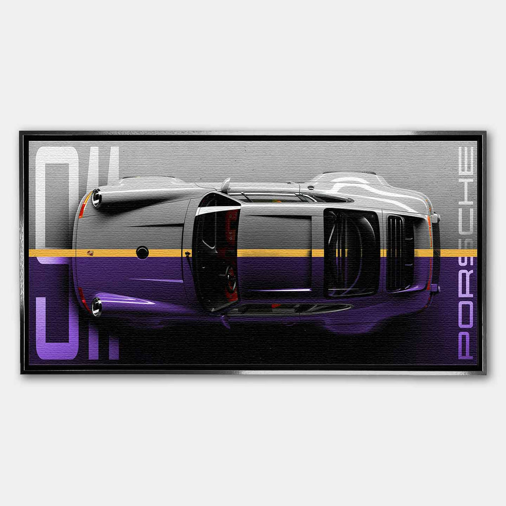 Obraz na płótnie Porsche 911 – widok z góry na kultowy samochód w odcieniach szarości i fioletu, symbol elegancji i motoryzacyjnej pasji.