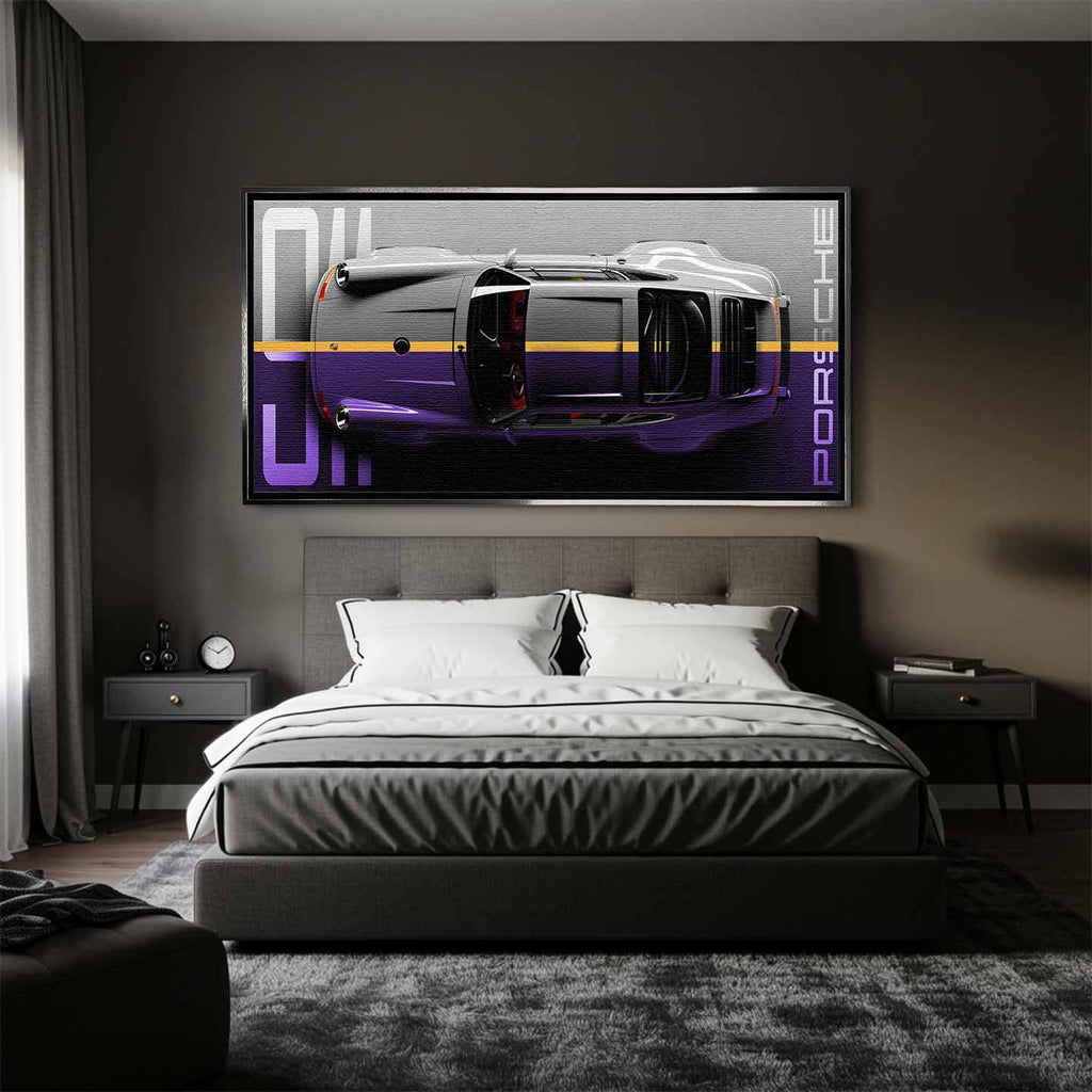 Obraz na płótnie Porsche 911 – widok z góry na kultowy samochód w odcieniach szarości i fioletu, symbol elegancji i motoryzacyjnej pasji.