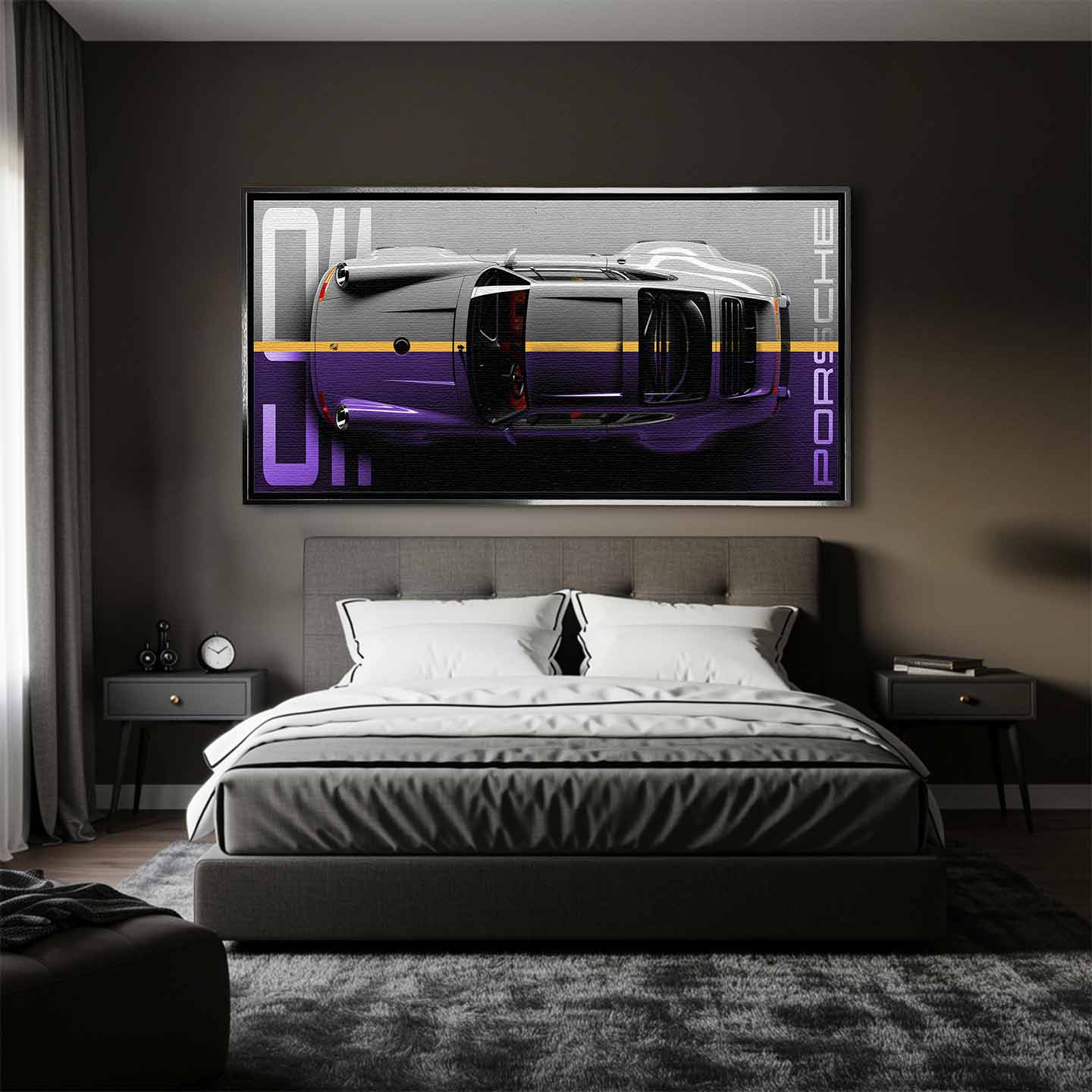 Obraz na płótnie Porsche 911 – widok z góry na kultowy samochód w odcieniach szarości i fioletu, symbol elegancji i motoryzacyjnej pasji.