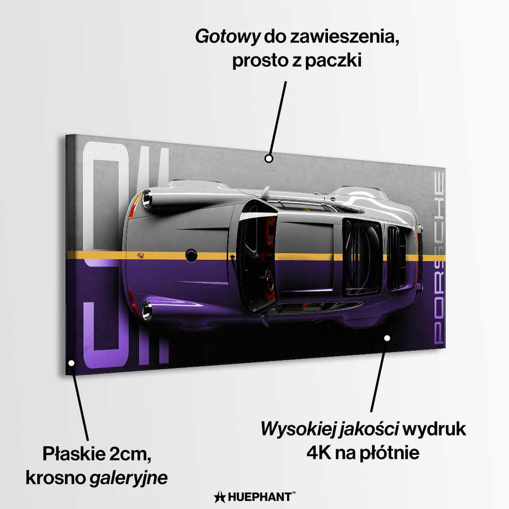 Obraz na płótnie Porsche 911 – widok z góry na kultowy samochód w odcieniach szarości i fioletu, symbol elegancji i motoryzacyjnej pasji.