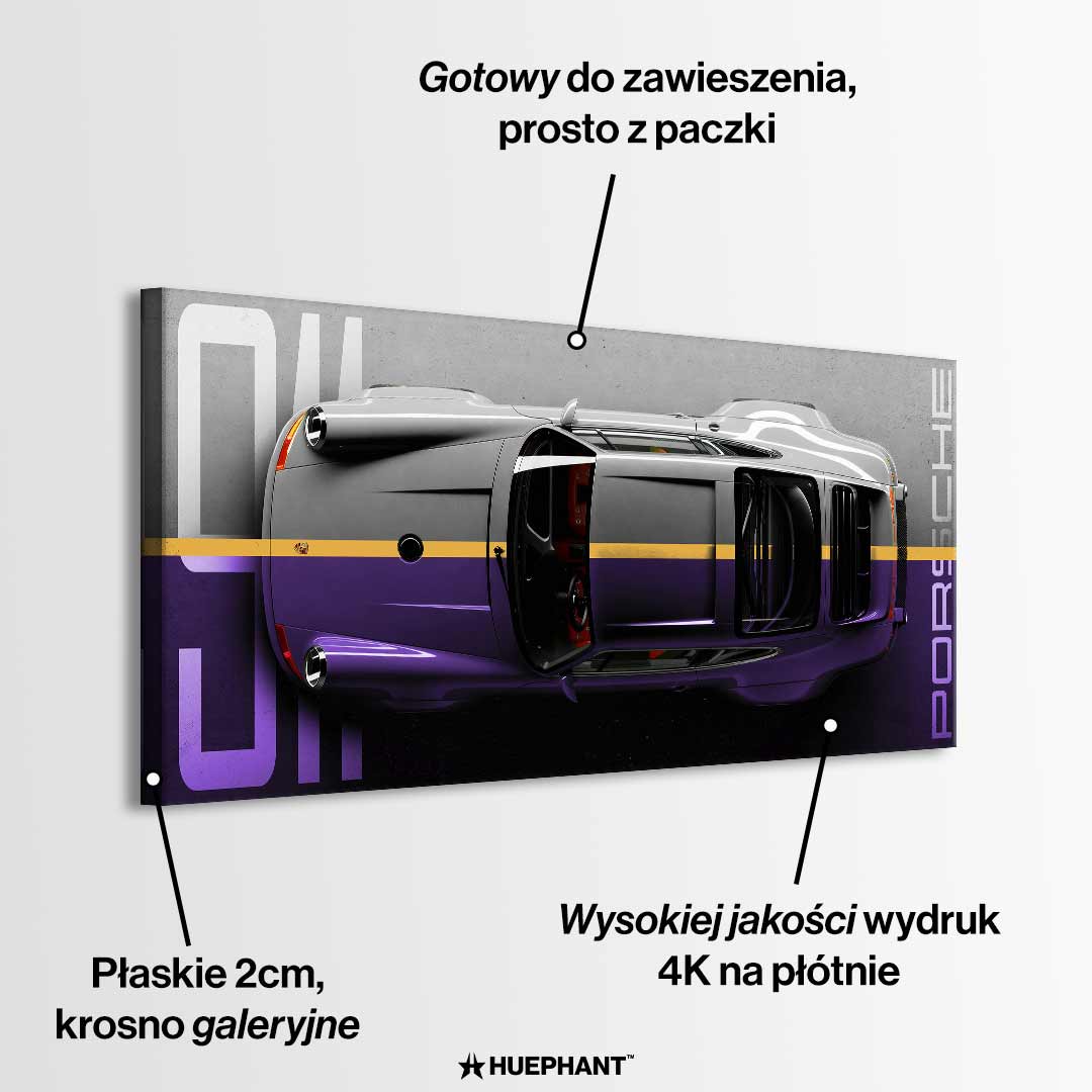 Obraz na płótnie Porsche 911 – widok z góry na kultowy samochód w odcieniach szarości i fioletu, symbol elegancji i motoryzacyjnej pasji.