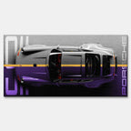 Obraz na płótnie Porsche 911 – widok z góry na kultowy samochód w odcieniach szarości i fioletu, symbol elegancji i motoryzacyjnej pasji.