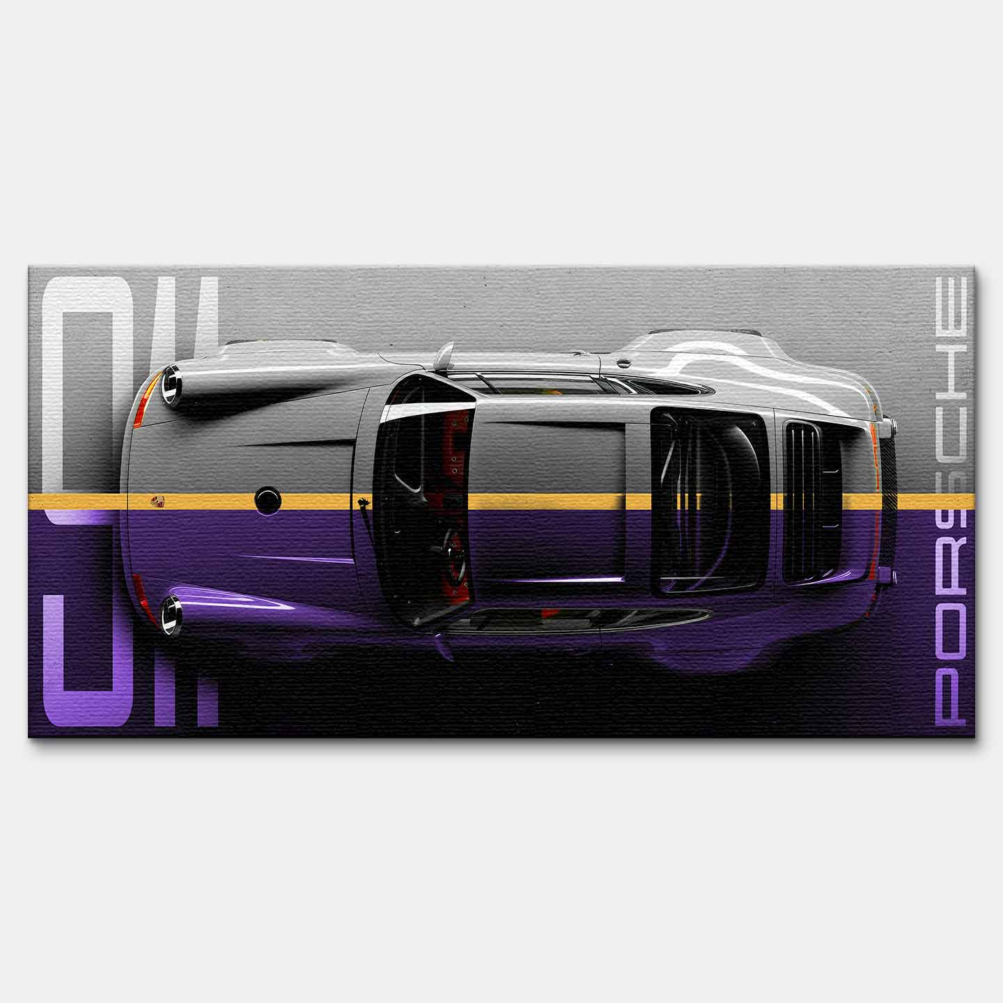 Obraz na płótnie Porsche 911 – widok z góry na kultowy samochód w odcieniach szarości i fioletu, symbol elegancji i motoryzacyjnej pasji.