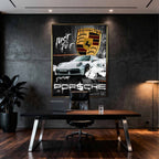 Obraz na płótnie Porsche Just Do It z białym Porsche GT3 i napisem motywacyjnym, symbolizujący luksus, działanie i determinację.