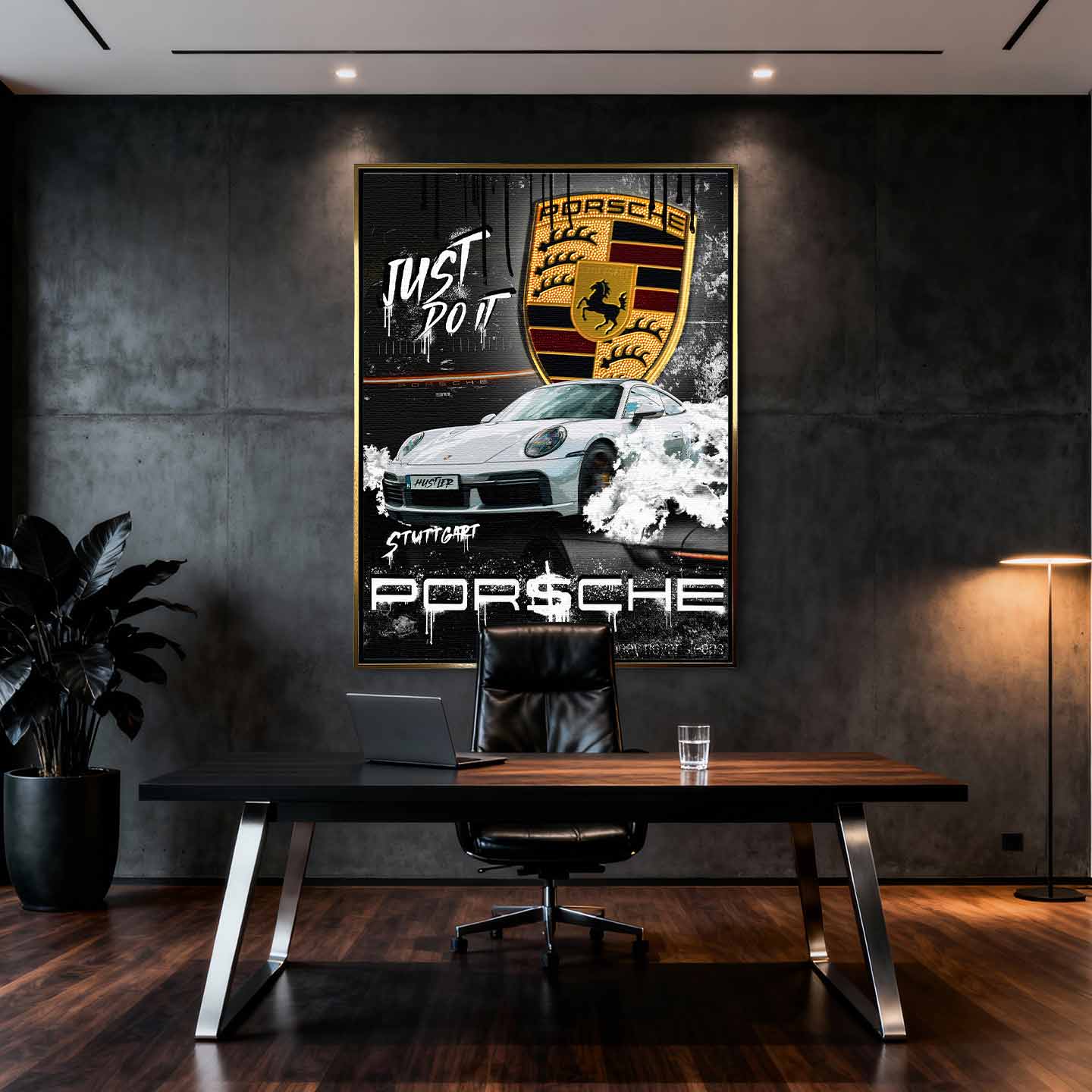 Obraz na płótnie Porsche Just Do It z białym Porsche GT3 i napisem motywacyjnym, symbolizujący luksus, działanie i determinację.