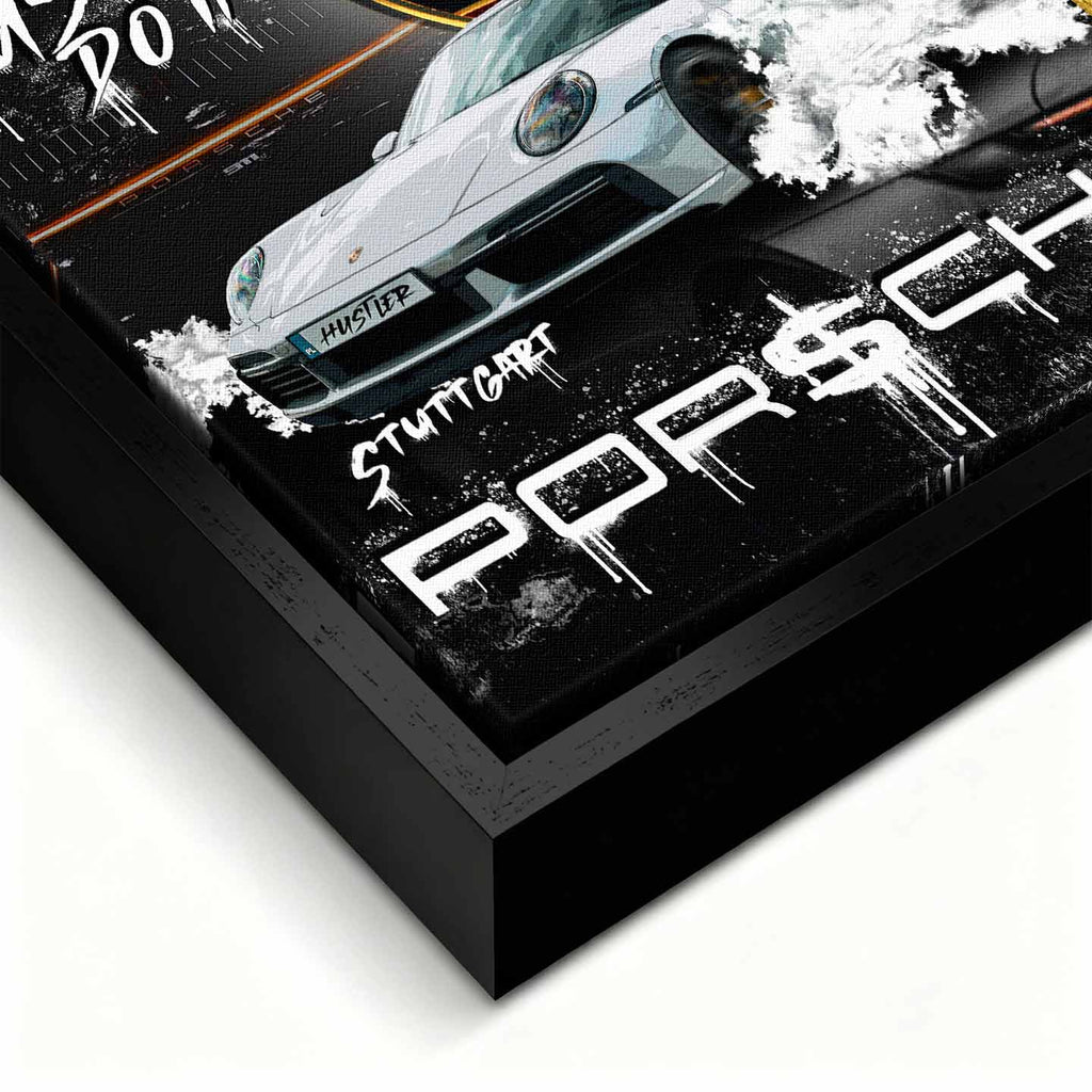 Obraz na płótnie Porsche Just Do It z białym Porsche GT3 i napisem motywacyjnym, symbolizujący luksus, działanie i determinację.