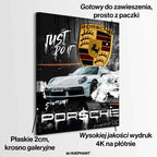 Obraz na płótnie Porsche Just Do It z białym Porsche GT3 i napisem motywacyjnym, symbolizujący luksus, działanie i determinację.