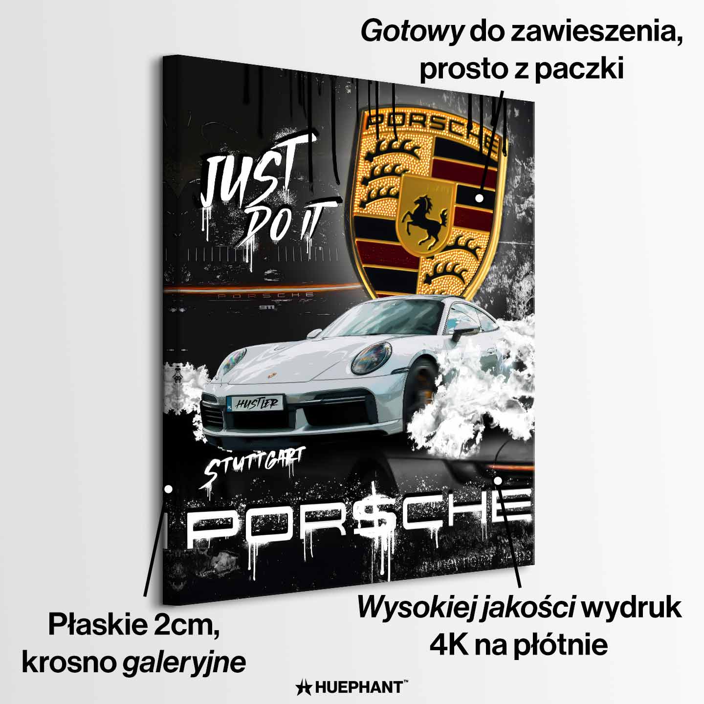 Obraz na płótnie Porsche Just Do It z białym Porsche GT3 i napisem motywacyjnym, symbolizujący luksus, działanie i determinację.