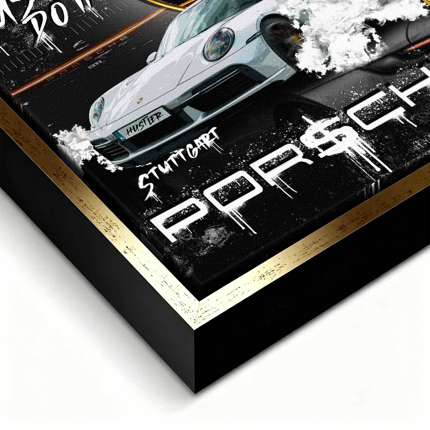 Obraz na płótnie Porsche Just Do It z białym Porsche GT3 i napisem motywacyjnym, symbolizujący luksus, działanie i determinację.