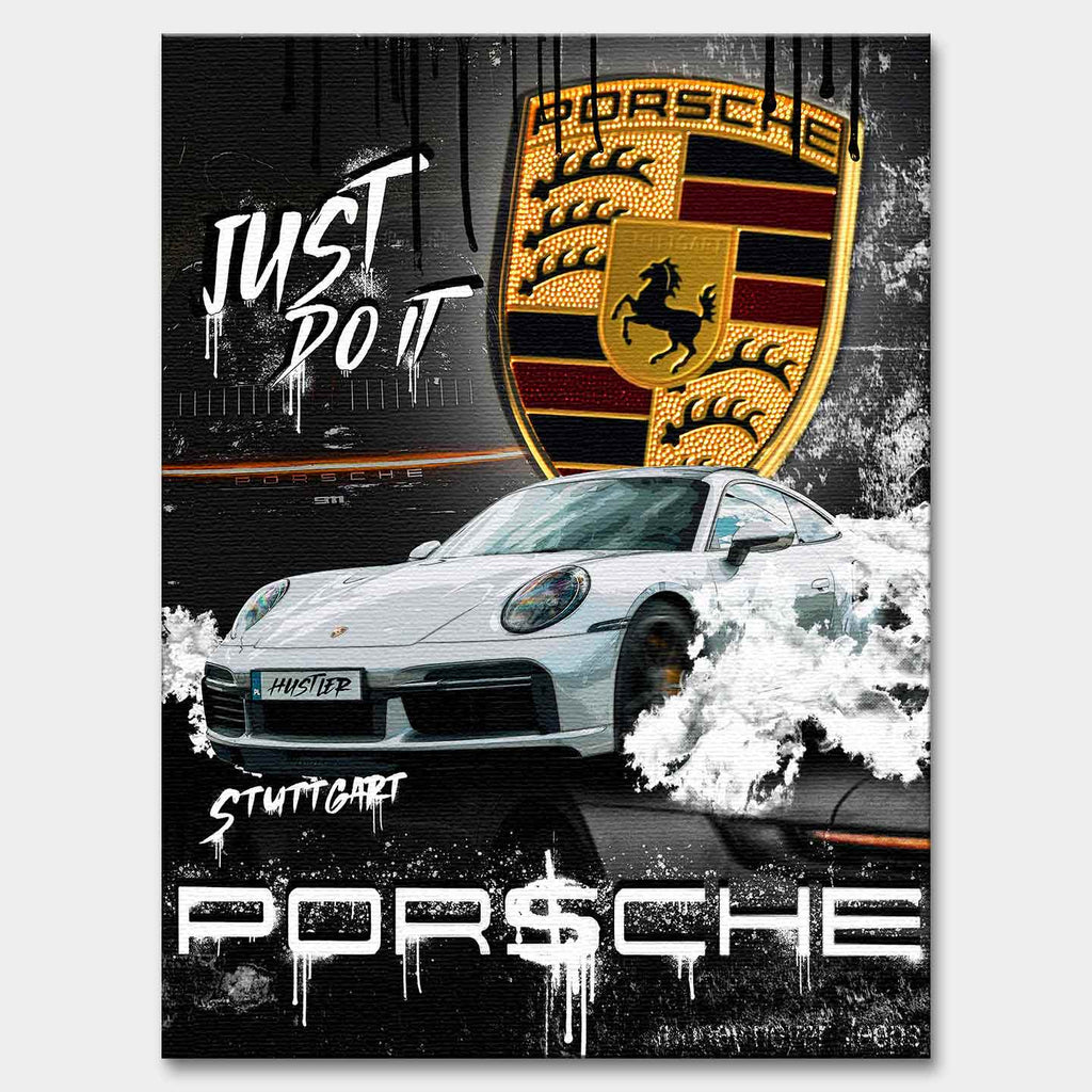 Obraz na płótnie Porsche Just Do It z białym Porsche GT3 i napisem motywacyjnym, symbolizujący luksus, działanie i determinację.