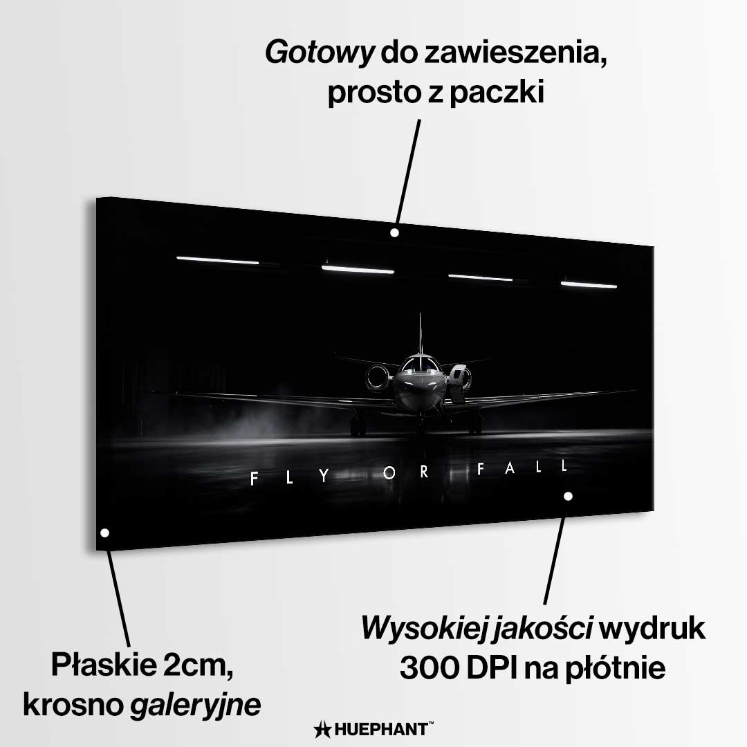 Obraz motywacyjny na płótnie Fly or Fall przedstawiający prywatny odrzutowiec w ciemnym hangarze z napisem „Fly or Fall”, symbolizujący luksus, odwagę i determinację.