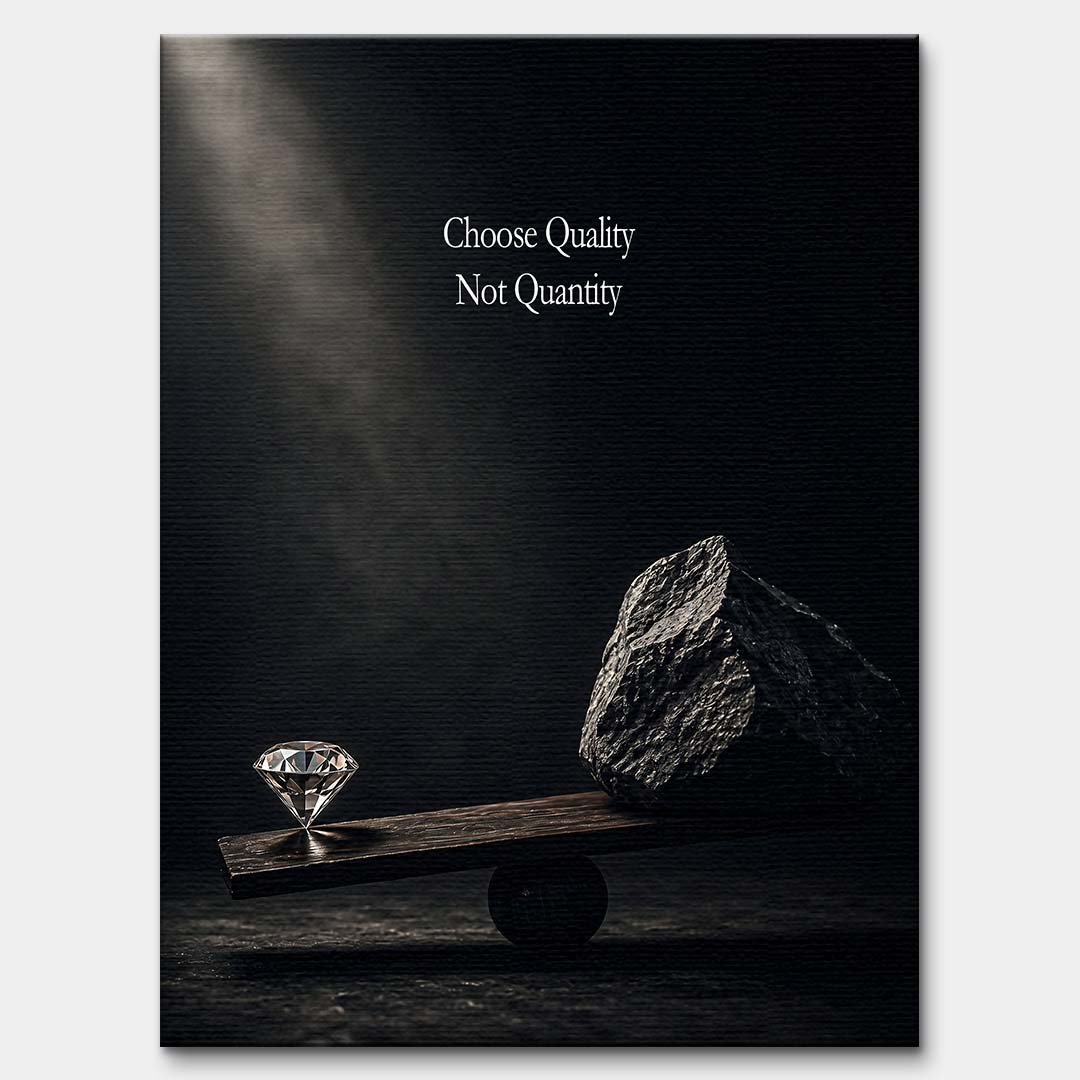 Motywacyjny obraz na płótnie przedstawiający diament przeważający kamień na wadze. Napis Choose Quality Not Quantity, wydruk galeryjny w ciemnych barwach.
