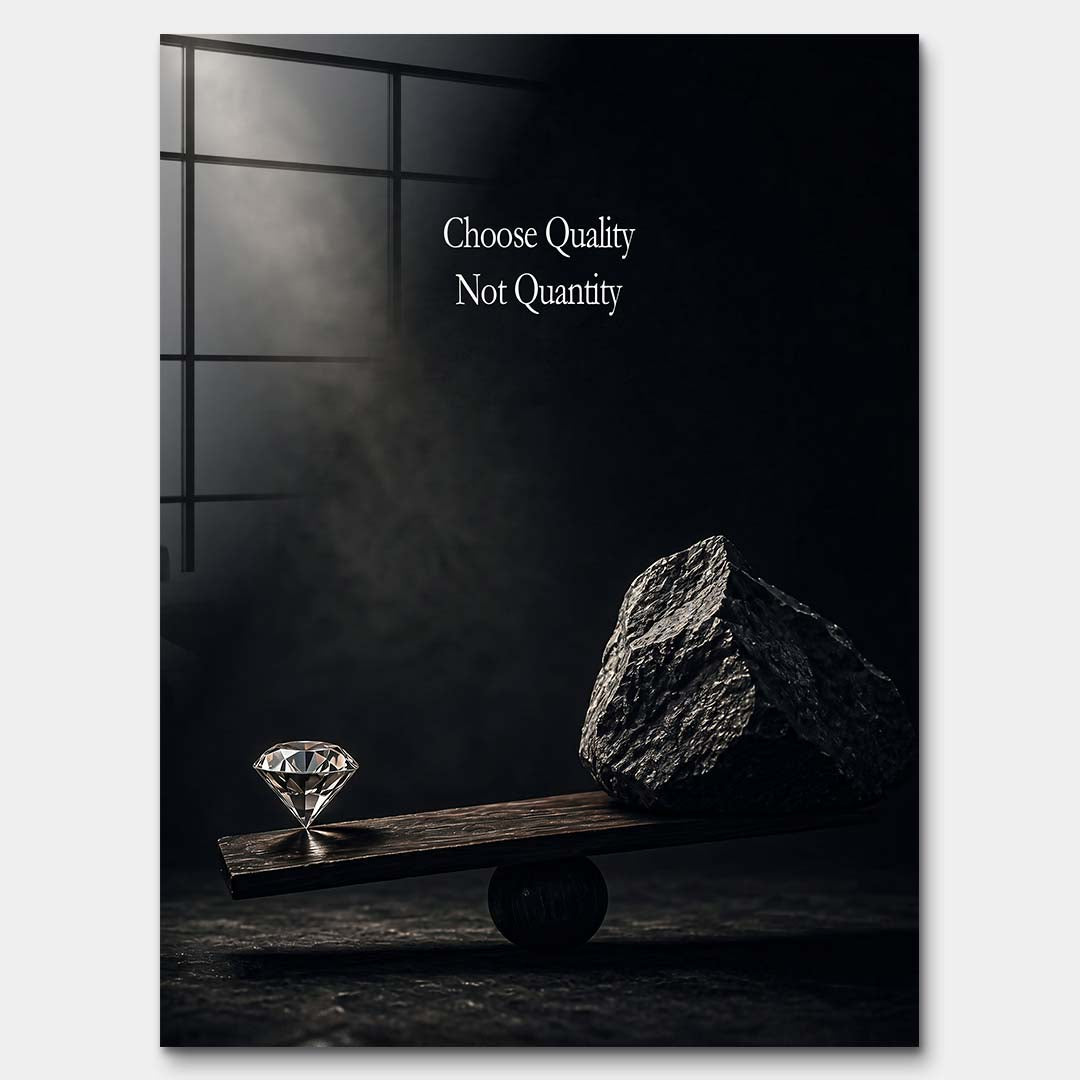 Motywacyjny obraz na szkle akrylowym przedstawiający diament przeważający kamień na wadze. Napis Choose Quality Not Quantity, wydruk galeryjny w ciemnych barwach.
