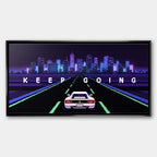 Wydruk galeryjny na płótnie w stylu pixel art przedstawiający biały sportowy samochód na autostradzie z napisem Keep Going i neonowym miastem.