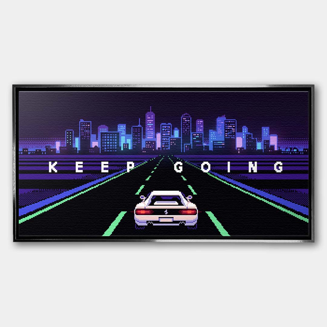 Wydruk galeryjny na płótnie w stylu pixel art przedstawiający biały sportowy samochód na autostradzie z napisem Keep Going i neonowym miastem.