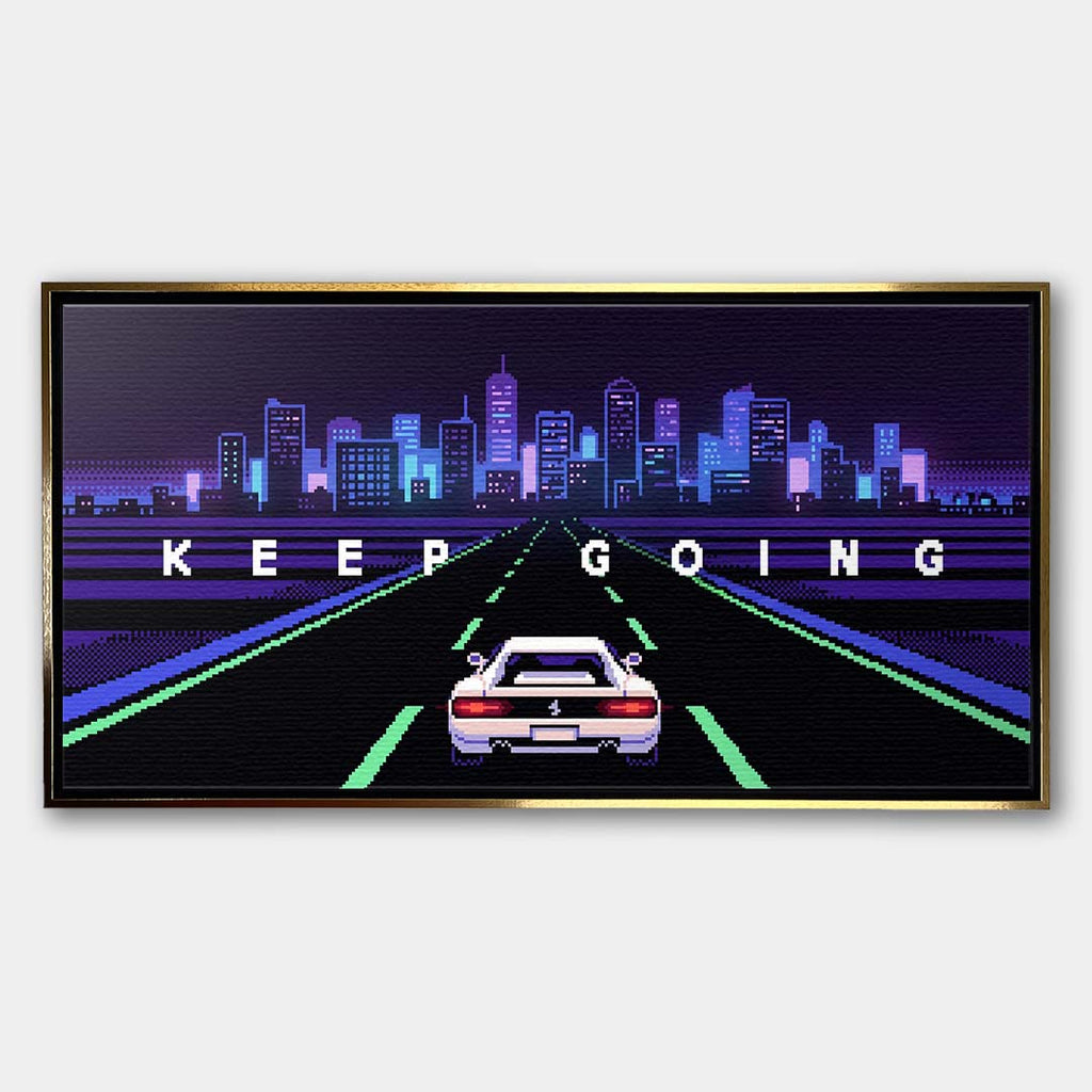 Wydruk galeryjny na płótnie w stylu pixel art przedstawiający biały sportowy samochód na autostradzie z napisem Keep Going i neonowym miastem.