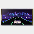 Wydruk galeryjny na płótnie w stylu pixel art przedstawiający biały sportowy samochód na autostradzie z napisem Keep Going i neonowym miastem.