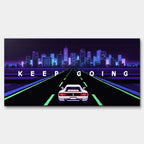 Wydruk galeryjny na płótnie w stylu pixel art przedstawiający biały sportowy samochód na autostradzie z napisem Keep Going i neonowym miastem.