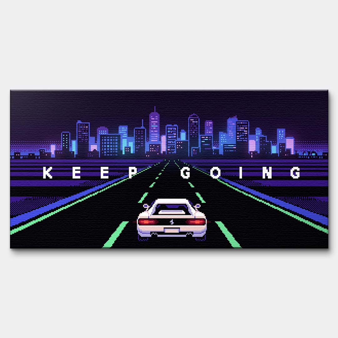 Wydruk galeryjny na płótnie w stylu pixel art przedstawiający biały sportowy samochód na autostradzie z napisem Keep Going i neonowym miastem.