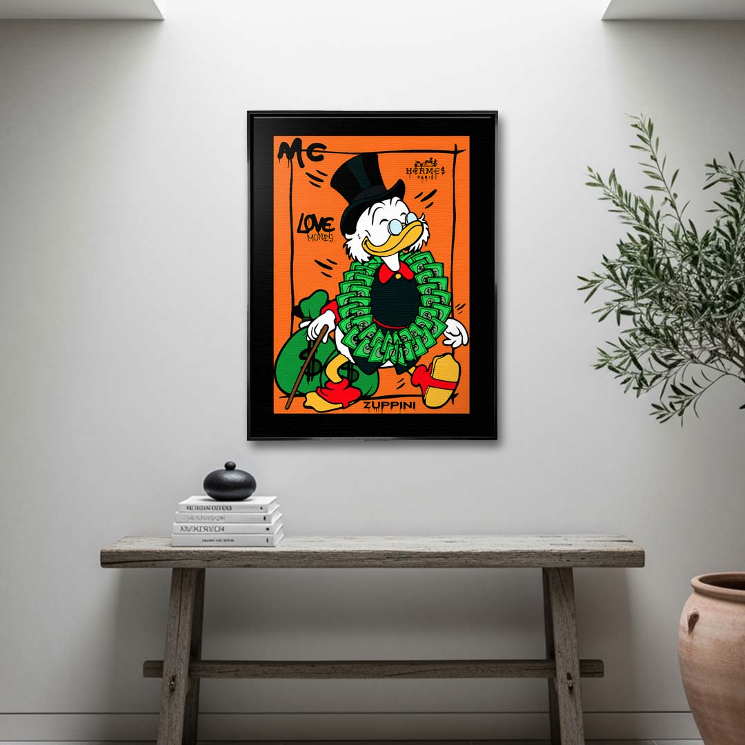 Obraz na płótnie z kaczym milionerem w cylindrze, otoczonym banknotami i workami pieniędzy, pop art, wydruk galeryjny.