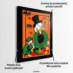Obraz na płótnie z kaczym milionerem w cylindrze, otoczonym banknotami i workami pieniędzy, pop art, wydruk galeryjny.