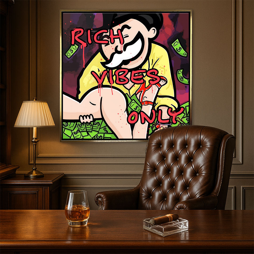 Obraz na płótnie w stylu pop art z bogaczem inspirowanym Monopoly Manem, otoczonym pieniędzmi i kobietą, z napisem 'Rich Vibes Only' – sztuka o luksusowym stylu życia.