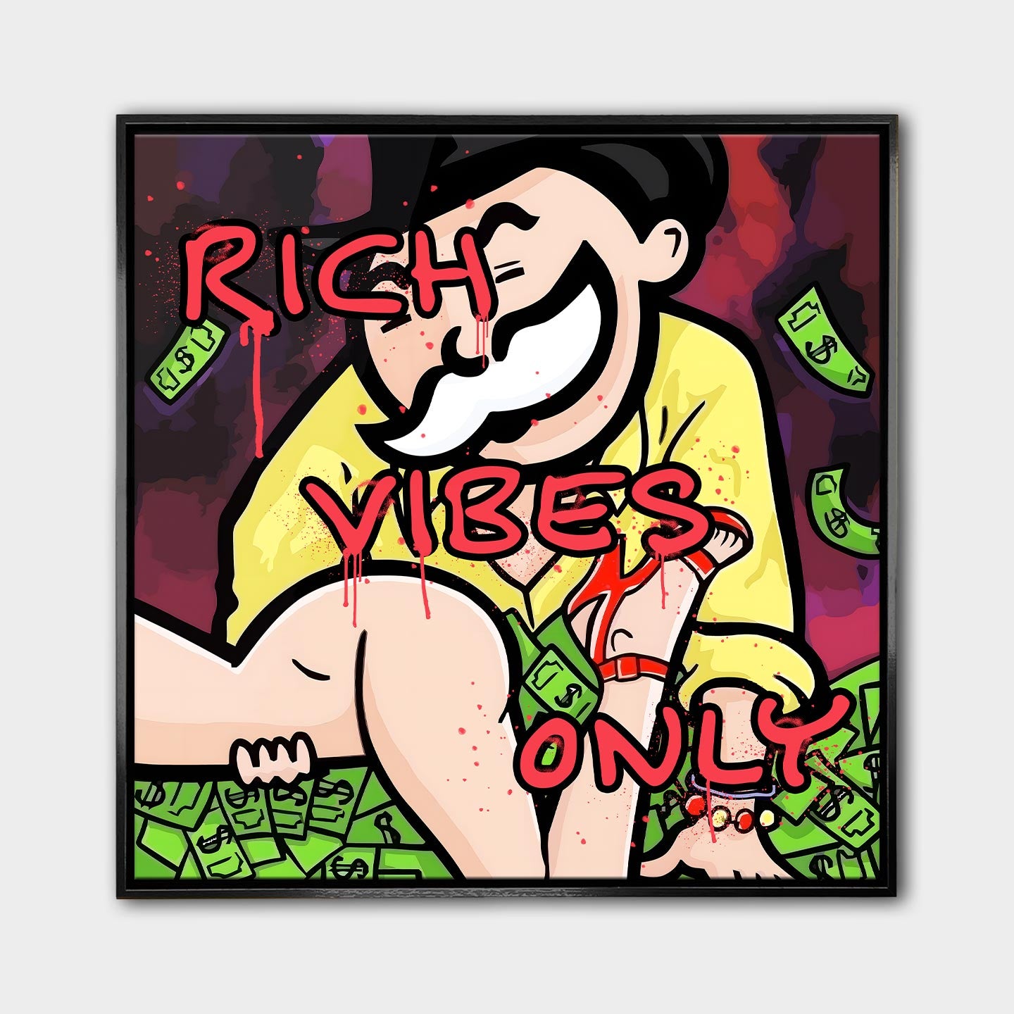Obraz na płótnie w stylu pop art z bogaczem inspirowanym Monopoly Manem, otoczonym pieniędzmi i kobietą, z napisem 'Rich Vibes Only' – sztuka o luksusowym stylu życia.