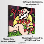 Obraz na płótnie w stylu pop art z bogaczem inspirowanym Monopoly Manem, otoczonym pieniędzmi i kobietą, z napisem 'Rich Vibes Only' – sztuka o luksusowym stylu życia.