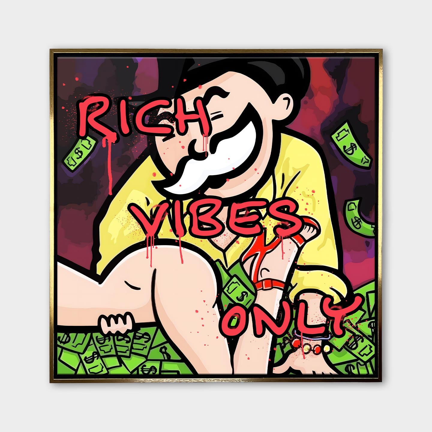 Obraz na płótnie w stylu pop art z bogaczem inspirowanym Monopoly Manem, otoczonym pieniędzmi i kobietą, z napisem 'Rich Vibes Only' – sztuka o luksusowym stylu życia.