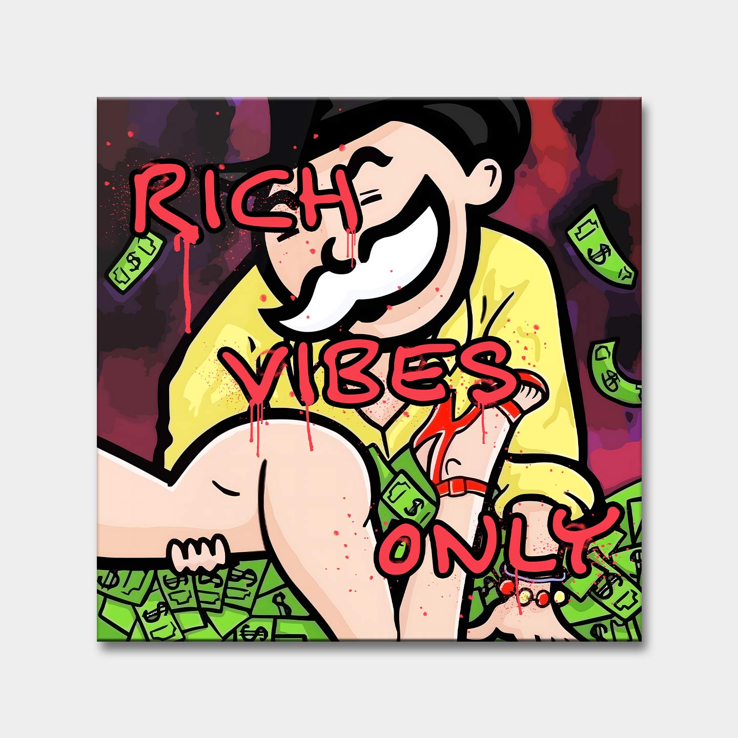 Obraz na płótnie w stylu pop art z bogaczem inspirowanym Monopoly Manem, otoczonym pieniędzmi i kobietą, z napisem 'Rich Vibes Only' – sztuka o luksusowym stylu życia.