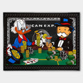 Obraz na płótnie „Richman's Poker” z postaciami Sknerusa McKwacza i Monopoly Mana grających w pokera przy stole pełnym złota i dolarów, na tle stylizowanej karty American Express.