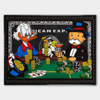 Obraz na płótnie „Richman's Poker” z postaciami Sknerusa McKwacza i Monopoly Mana grających w pokera przy stole pełnym złota i dolarów, na tle stylizowanej karty American Express.