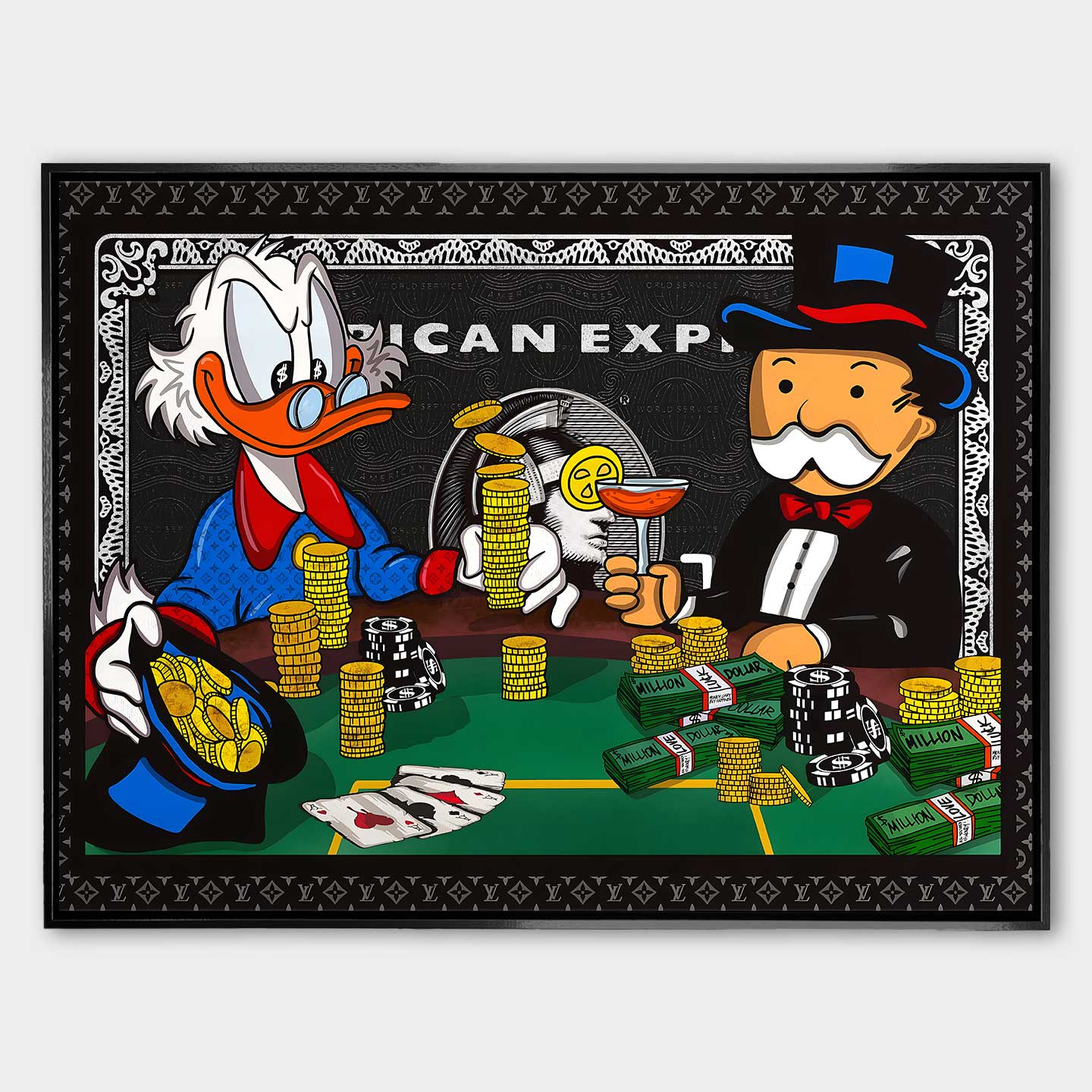 Obraz na płótnie „Richman's Poker” z postaciami Sknerusa McKwacza i Monopoly Mana grających w pokera przy stole pełnym złota i dolarów, na tle stylizowanej karty American Express.