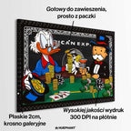 Obraz na płótnie „Richman's Poker” z postaciami Sknerusa McKwacza i Monopoly Mana grających w pokera przy stole pełnym złota i dolarów, na tle stylizowanej karty American Express.