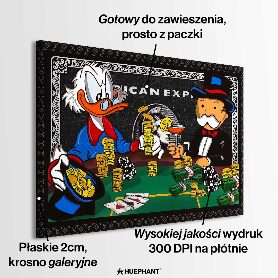Obraz na płótnie „Richman's Poker” z postaciami Sknerusa McKwacza i Monopoly Mana grających w pokera przy stole pełnym złota i dolarów, na tle stylizowanej karty American Express.